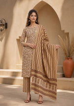 SN109 women’s beige floral kurta set with dupatta front pose, three-quarter sleeves, straight fit ethnic wear