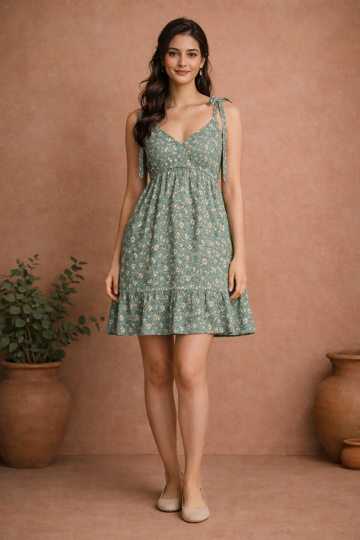 Women’s sage green floral rayon mini dress front view with tie-up shoulder straps and flared hemline
