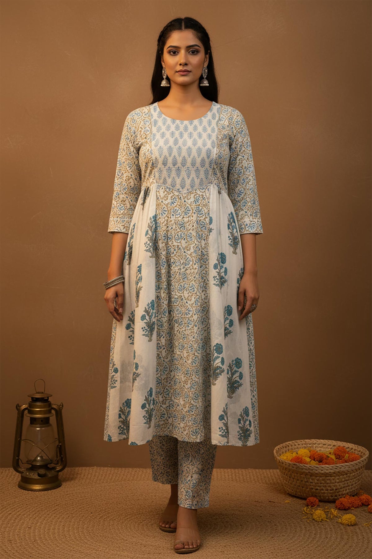 SN110 women’s blue printed cotton kurta set front pose with flared silhouette and three-quarter sleeves