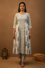 SN110 women’s blue printed cotton kurta set front pose with flared silhouette and three-quarter sleeves