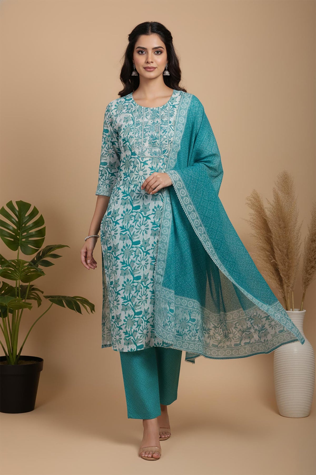 SN111 women’s teal floral cotton kurta set walking pose with flowing dupatta and straight pants