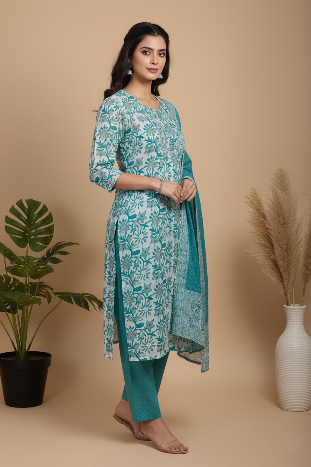 SN111 women’s teal floral cotton kurta set side pose with straight silhouette and matching pants