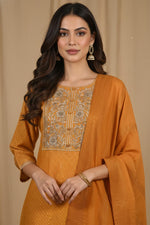 SN112 marigold kurta set closeup showing floral embroidery yoke, round neckline and fine detailing