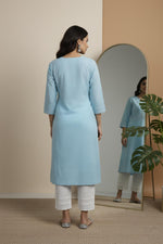 SN113 women’s sky blue cotton kurta pant set with straight silhouette and three-quarter sleeves back pose