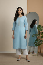 SN113 women’s sky blue cotton kurta pant set with round neck and three-quarter sleeves front pose