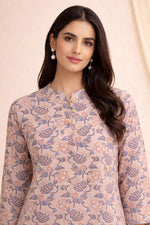 SN117 women’s dusty blush floral cotton kurta with mandarin collar and button placket close-up detail