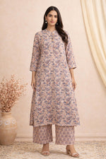 SN117 women’s dusty blush floral cotton kurta pant set with three-quarter sleeves and mandarin neckline front view