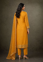 SN119 women’s mustard gold embroidered kurta set with dupatta, long sleeve round neck back pose
