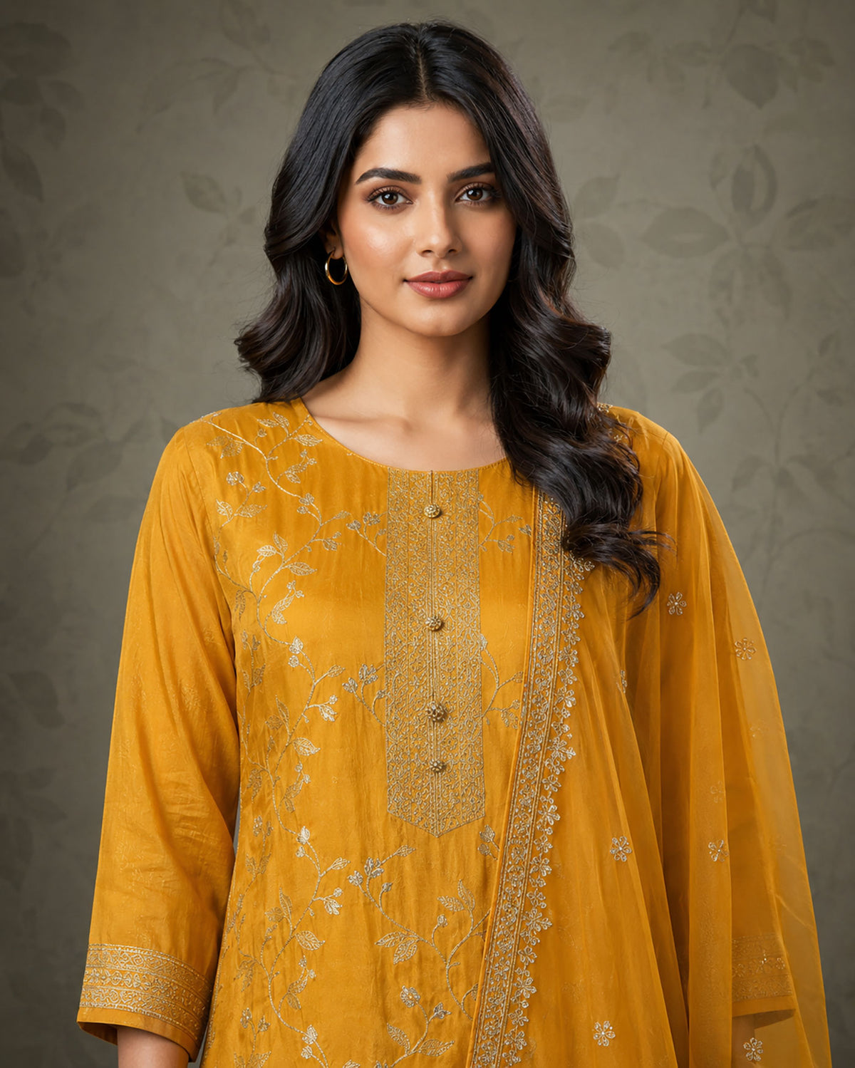 SN119 women’s mustard gold embroidered kurta set, long sleeve round neck closeup pose