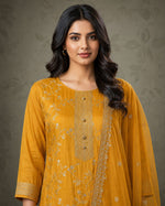 SN119 women’s mustard gold embroidered kurta set, long sleeve round neck closeup pose