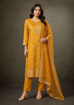 SN119 women’s mustard gold embroidered kurta set with dupatta, long sleeve round neck front pose