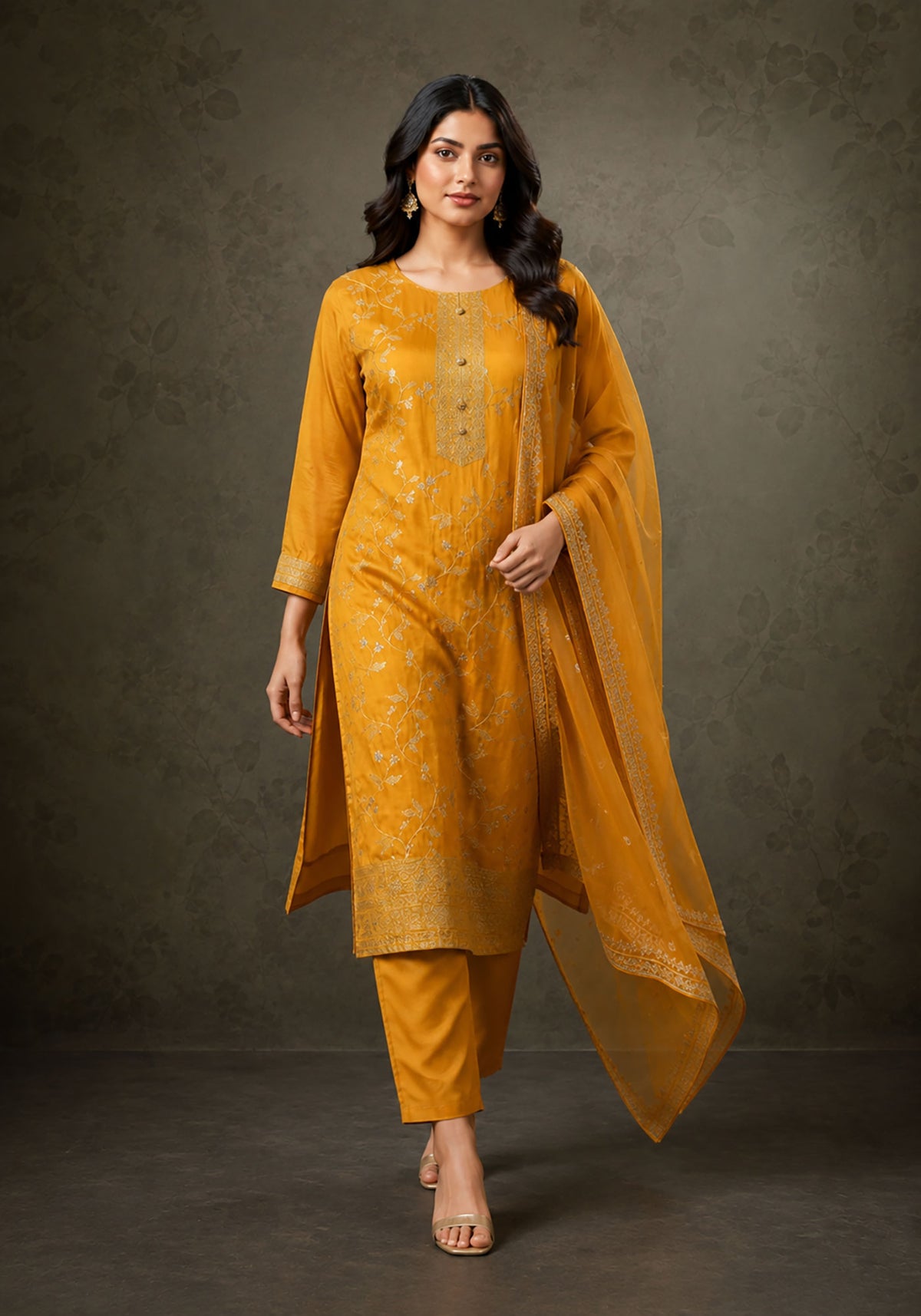 SN119 women’s mustard gold embroidered kurta set with dupatta, long sleeve round neck walking pose