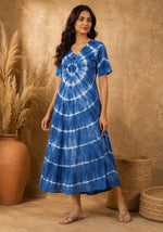 Front view of women's blue tie-dye A-line midi dress with V-neck, short sleeves, and radial chevron pattern.