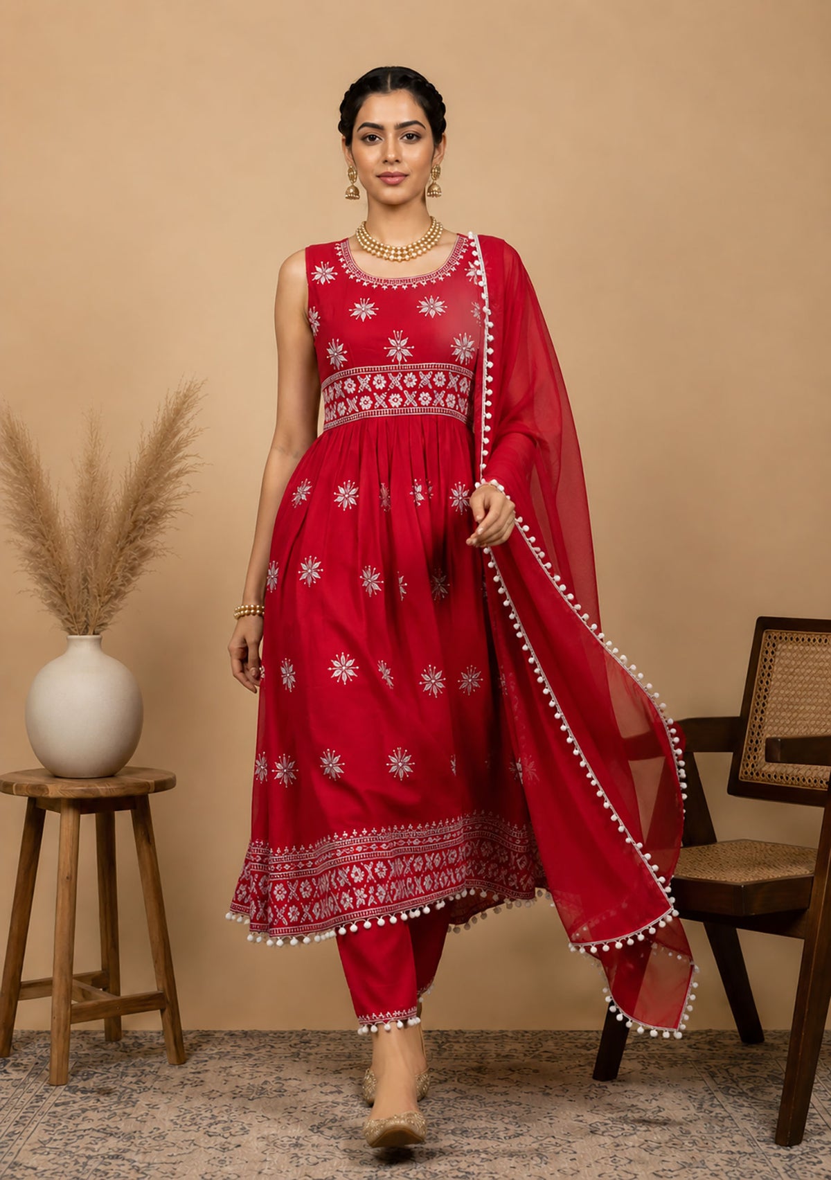 SN120 women’s red embroidered kurta set walking pose with flowing dupatta and flared silhouette