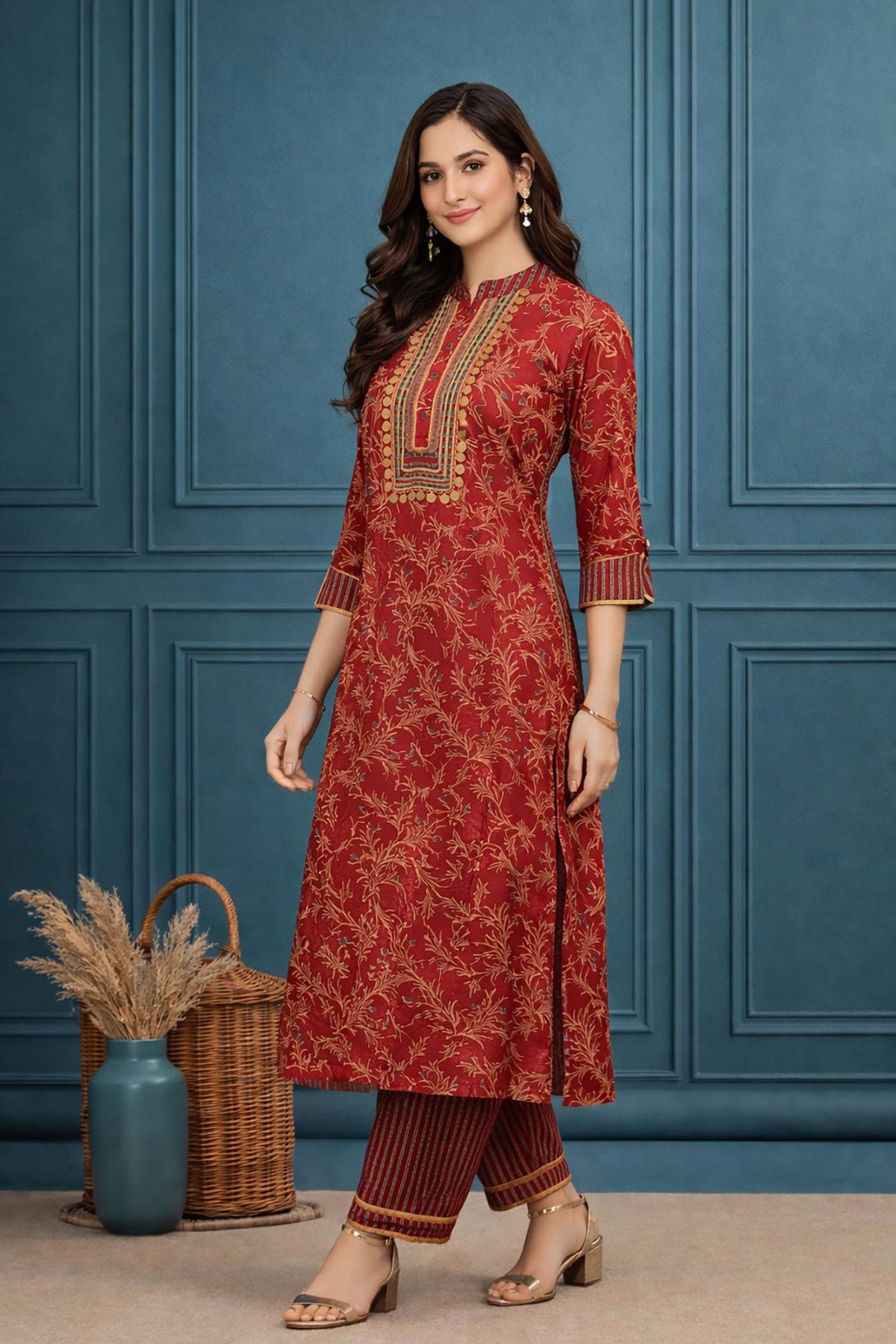 SN122 women’s red cotton kurta pant set side pose highlighting straight silhouette and relaxed fit
