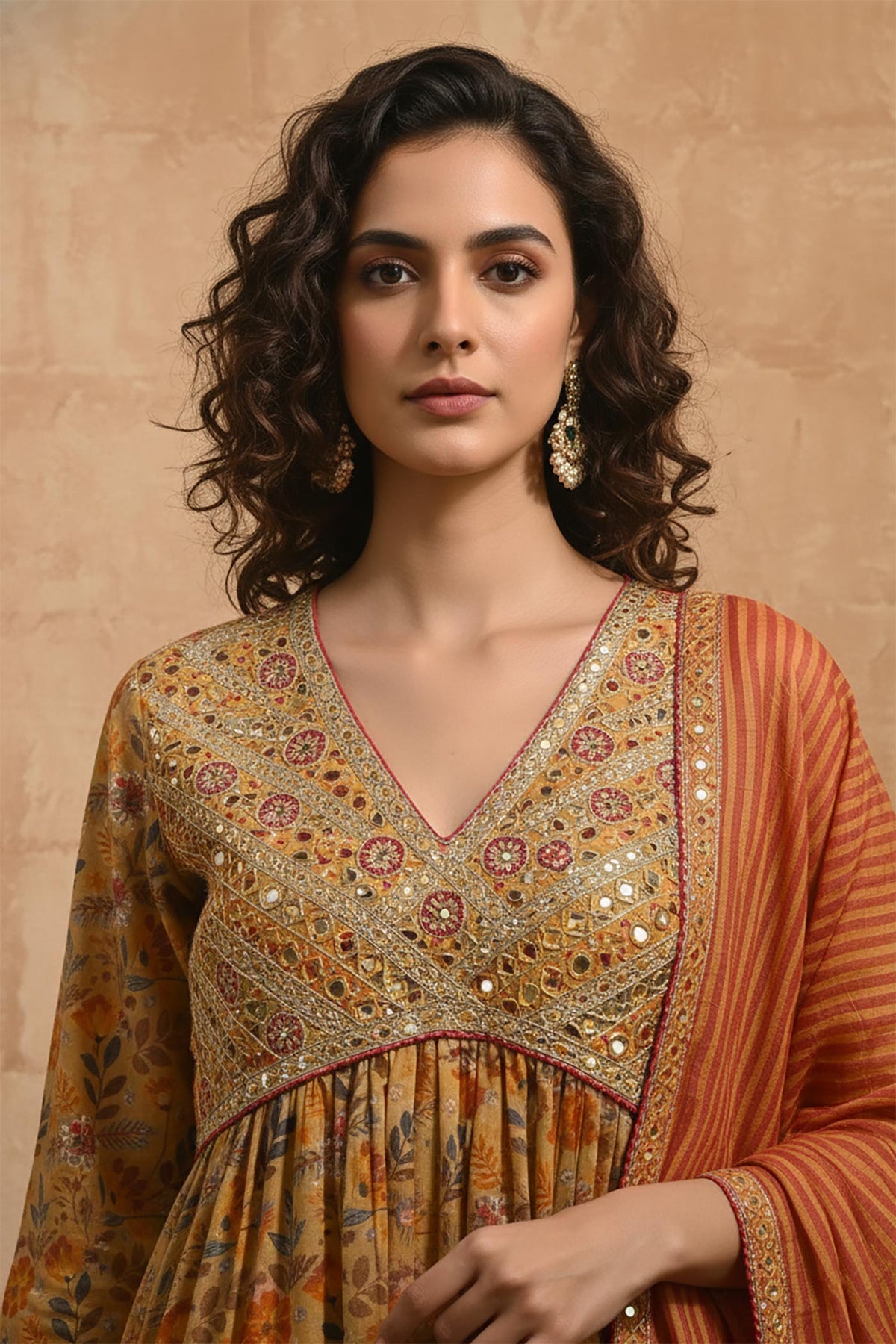SN123 women’s mustard floral Anarkali kurta V-neck embroidered yoke detail closeup