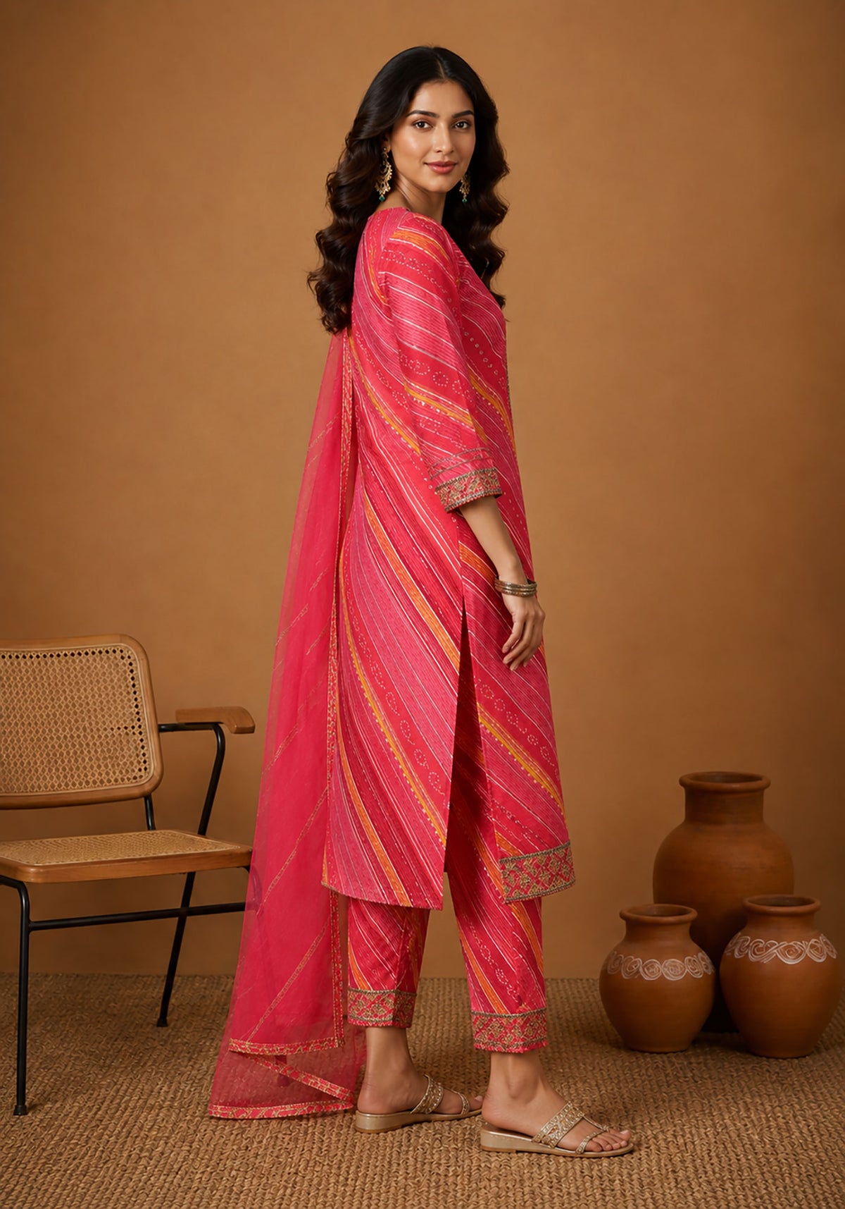 SN124 women’s rani bandhej kurta set with straight fit and 3/4 sleeves side pose