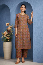 SN125 women’s brown floral printed cotton kurta set with three-quarter sleeves and straight fit front view