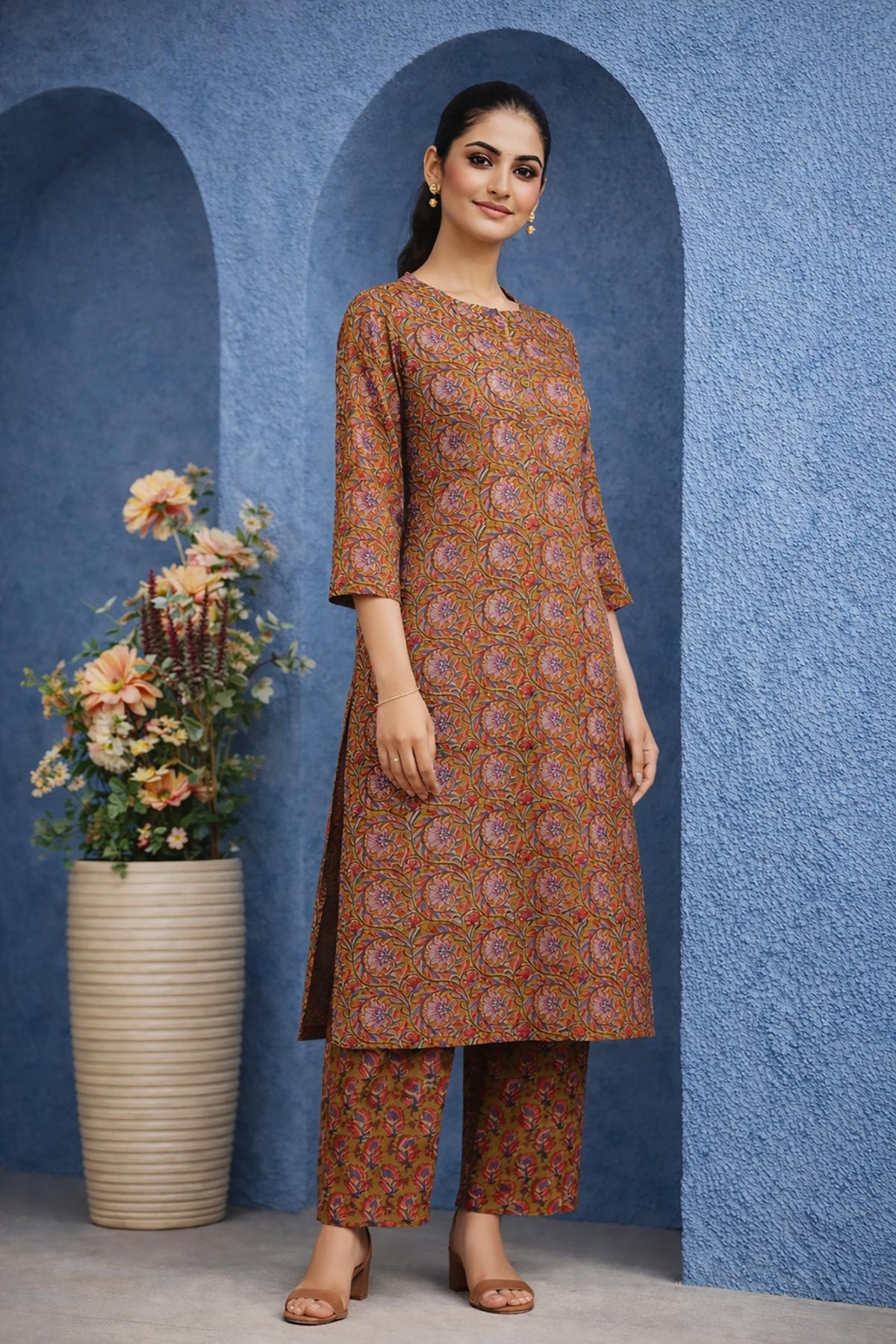 SN125 women’s brown floral printed cotton kurta set side pose with straight silhouette and slit detail