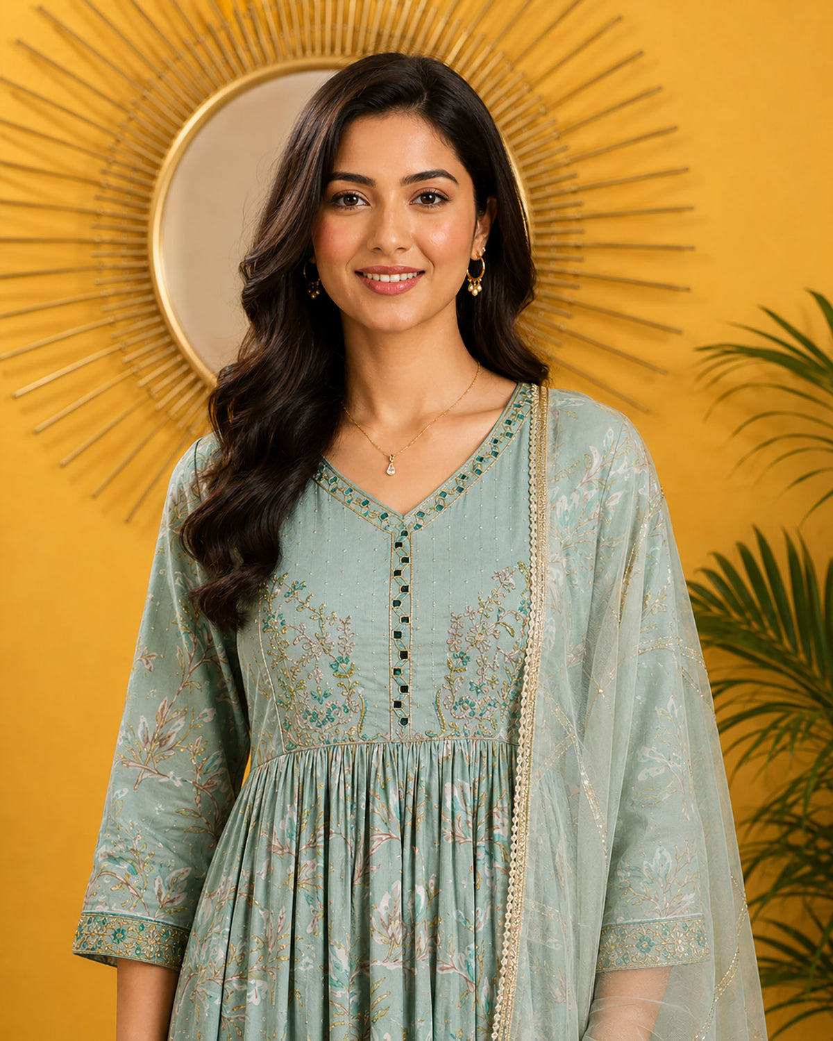 SN127 women’s sage green Anarkali set V-neck embroidery detail long sleeve closeup pose