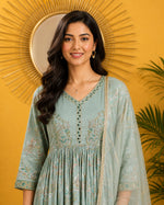 SN127 women’s sage green Anarkali set V-neck embroidery detail long sleeve closeup pose