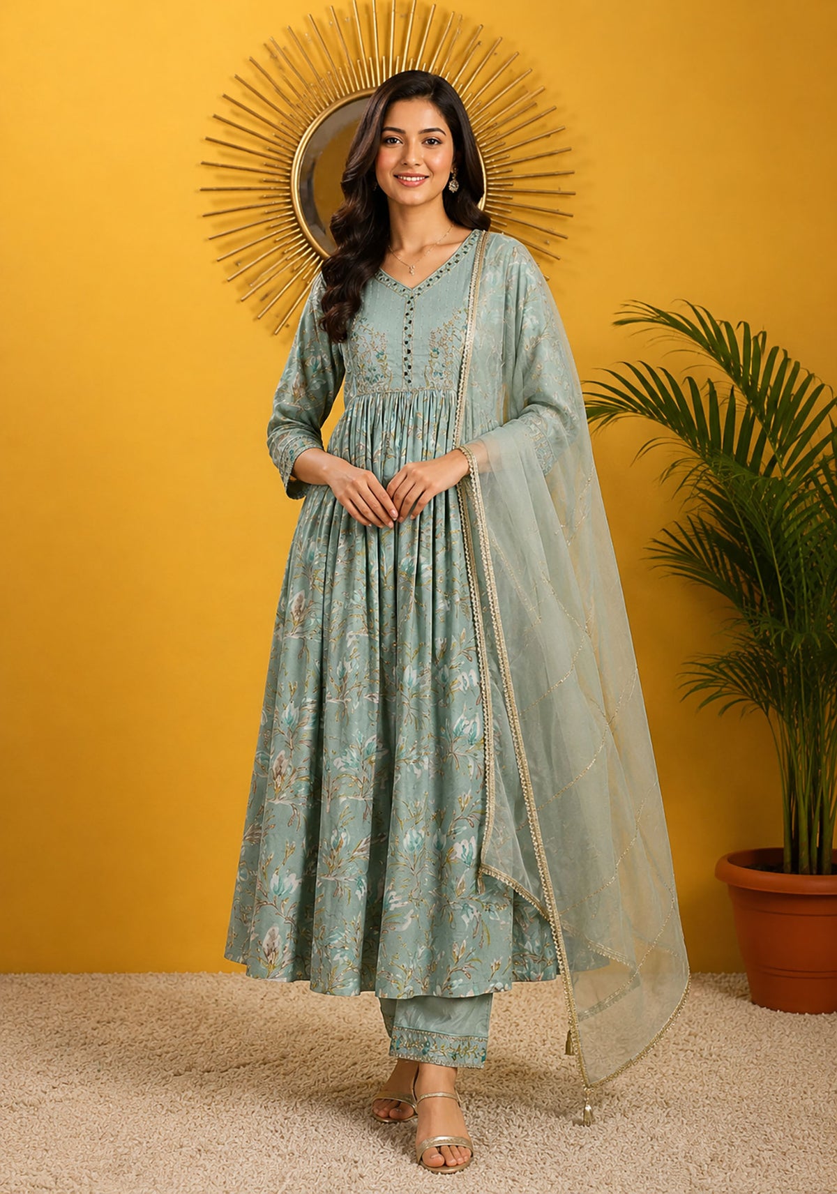 SN127 women’s sage green Anarkali kurta set with V-neck, long sleeves and dupatta front pose