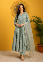 SN127 women’s sage green Anarkali kurta set with V-neck, long sleeves and dupatta front pose