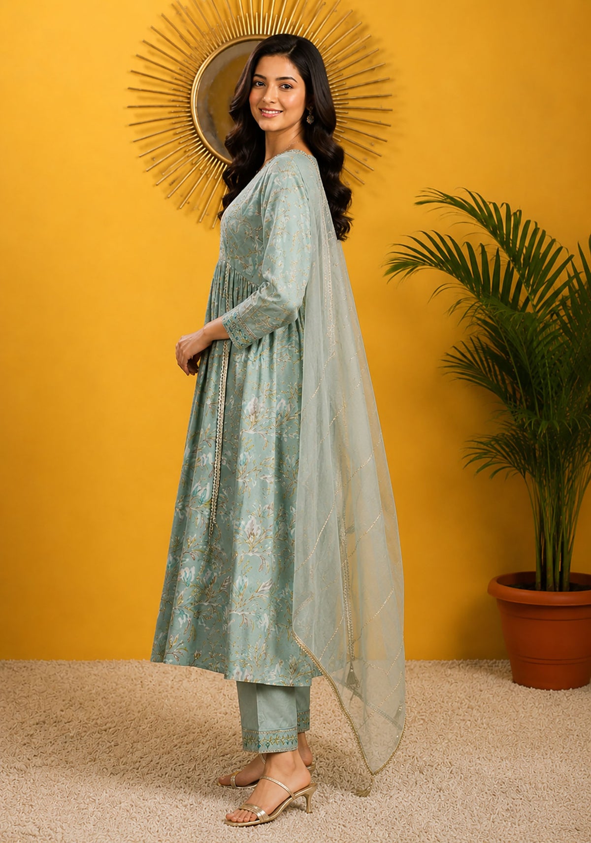 SN127 women’s sage green Anarkali kurta set side pose showing flowy silhouette long sleeves