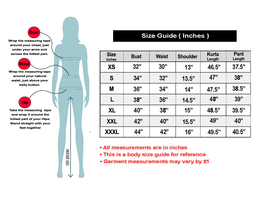 SN127 Body size guide with measurements in inches for various clothing sizes.