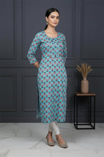 SN128 women’s aqua blue cotton printed kurti straight fit with side slit side pose