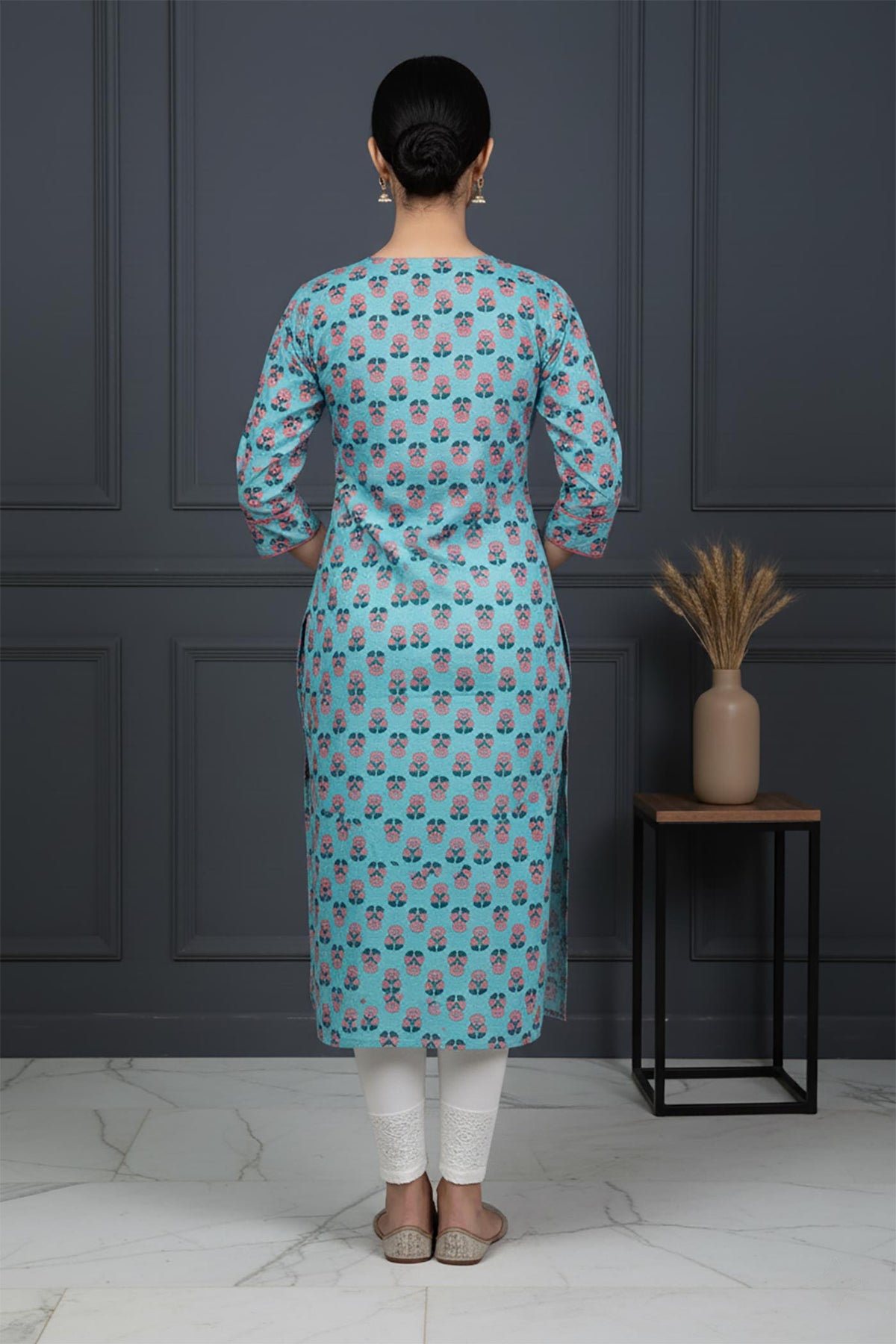 SN128 women’s aqua blue cotton printed kurti straight fit three-quarter sleeve back pose