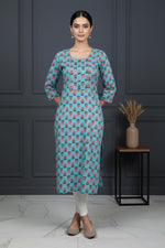 SN128 women’s aqua blue cotton printed kurti with three-quarter sleeves and scoop neck front pose