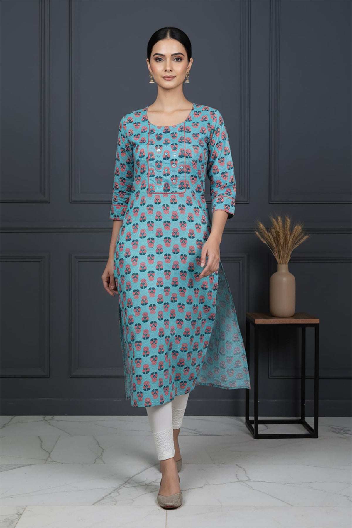 SN128 women’s aqua blue cotton printed kurti three-quarter sleeves walking pose