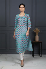 SN128 women’s aqua blue cotton printed kurti three-quarter sleeves walking pose