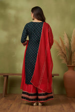 SN129 women’s midnight teal kurta sharara set with three-quarter sleeves and printed design, back pose.