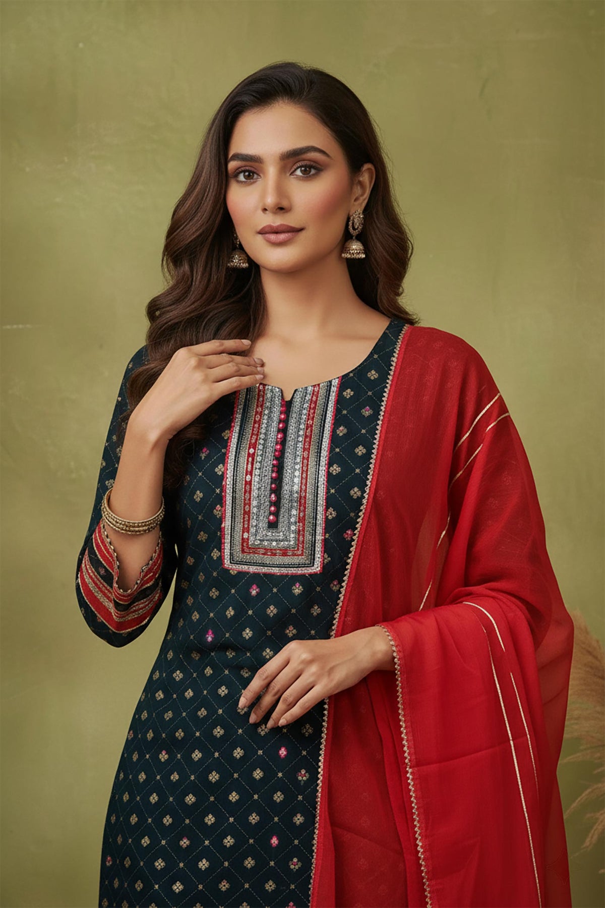 SN129 women’s midnight teal kurta sharara set closeup showing embroidered V-neck panel and three-quarter sleeves.