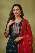 SN129 women’s midnight teal kurta sharara set closeup showing embroidered V-neck panel and three-quarter sleeves.