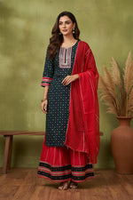 SN129 women’s midnight teal kurta sharara set with three-quarter sleeves and embroidered neckline, front pose.