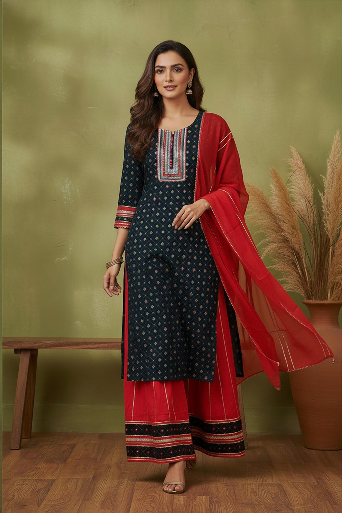SN129 women’s midnight teal kurta sharara set with flared sharara pants and dupatta, walking pose.