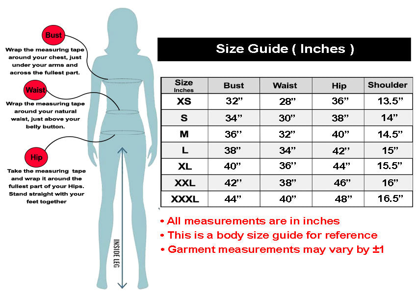 SN32 Body size guide with measurements in inches for various clothing sizes.