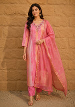 SN132 women’s pink silk blend kurta set with dupatta, V-neck embroidery, straight fit front pose