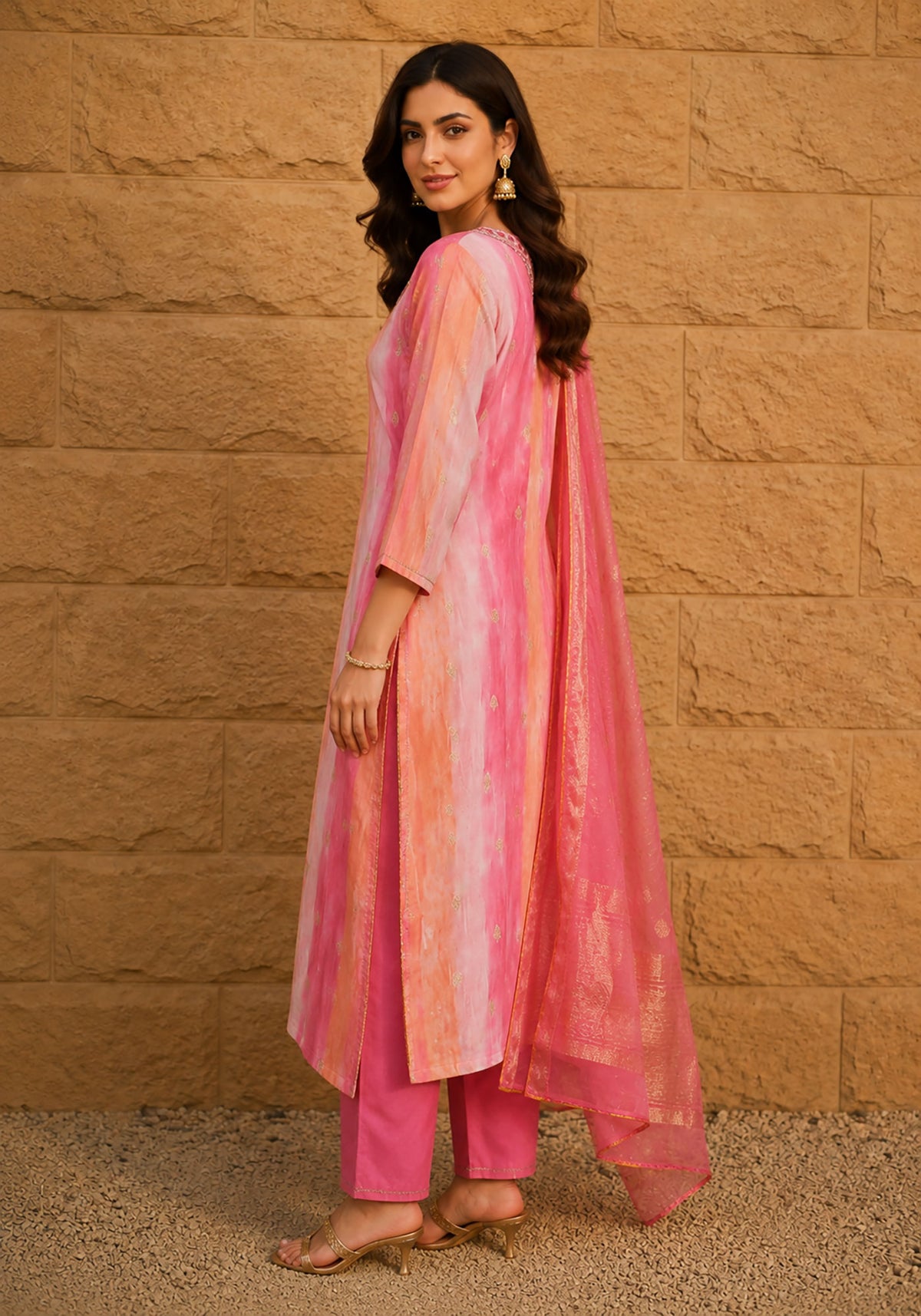 SN132 women’s pink kurta set side pose, straight silhouette, long sleeves, flowing dupatta drape