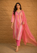 SN132 women’s pink kurta set walking pose, V-neck embroidery, lightweight dupatta movement