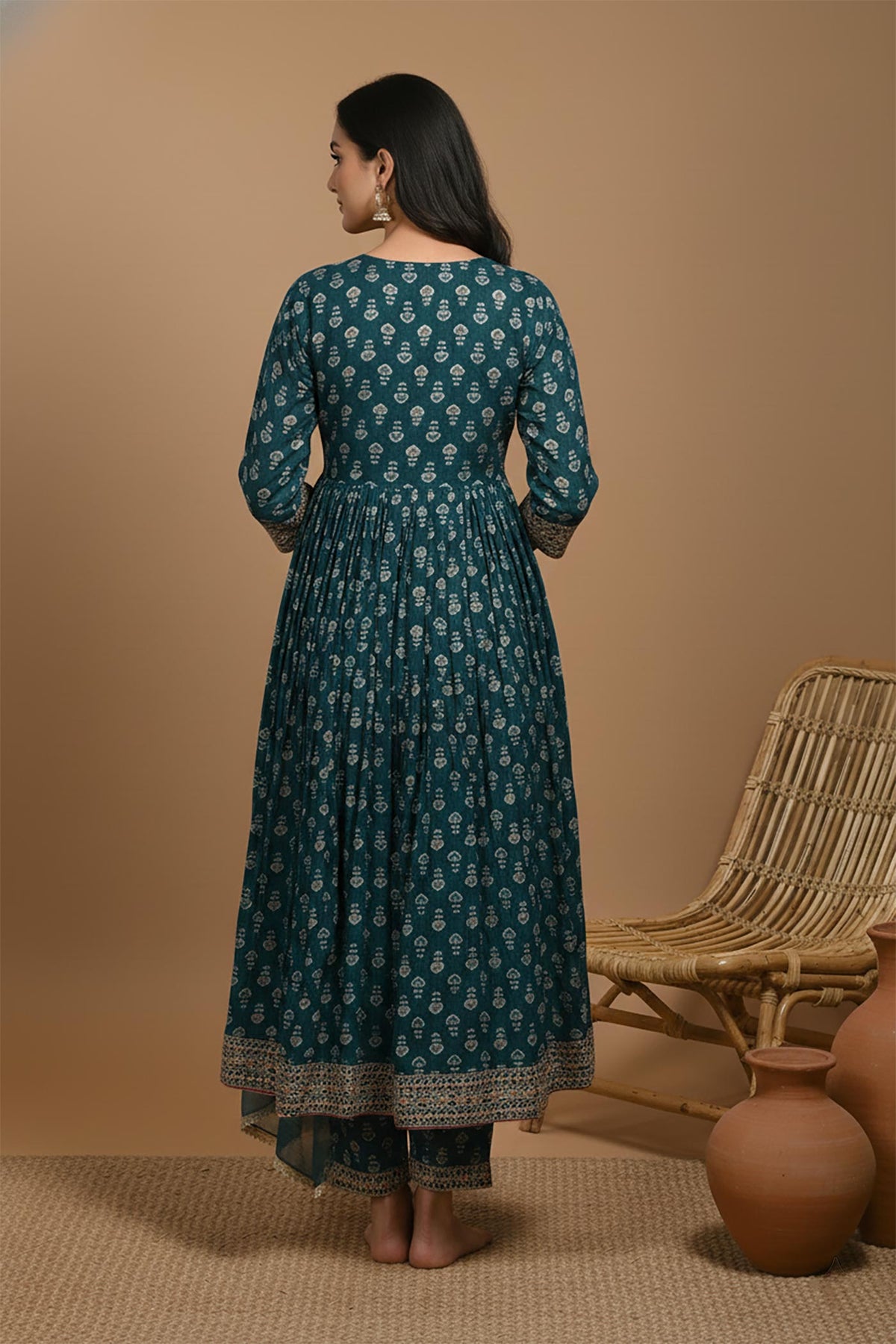 SN133 women’s teal Anarkali suit with three-quarter sleeves and tie-dye dupatta shown in back pose