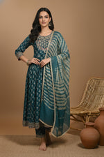 SN133 women’s teal Anarkali suit with embroidered yoke, three-quarter sleeves and tie-dye dupatta front pose