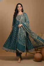 SN133 women’s teal Anarkali suit with flowy silhouette and tie-dye dupatta shown in walking pose