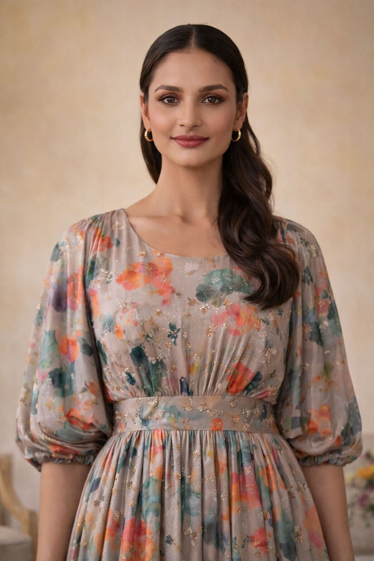 SN134 multicolor floral silk maxi dress for women with puff sleeves and soft neckline closeup pose