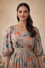 SN134 multicolor floral silk maxi dress for women with puff sleeves and soft neckline closeup pose