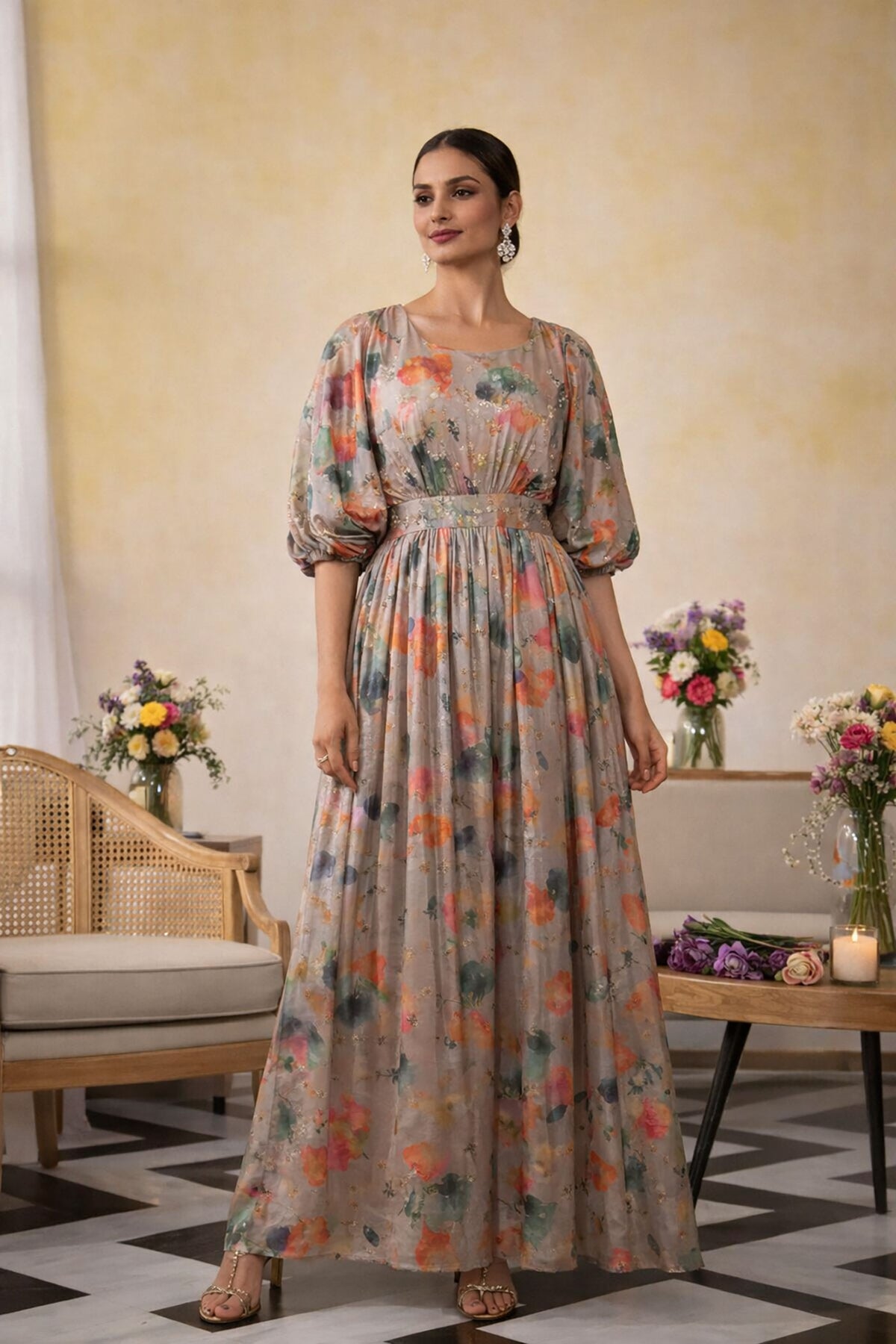 SN134 multicolor floral silk maxi dress for women with round neckline and puff sleeves front pose