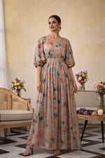 SN134 multicolor floral silk maxi dress for women with round neckline and puff sleeves front pose